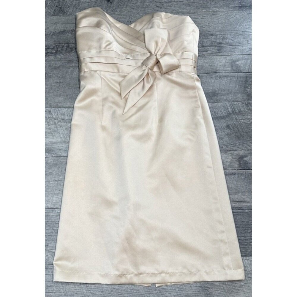 Alfred Angelo Strapless Dress Womens 10 Gold Bridesmaid Cocktail Mini Bow Lined